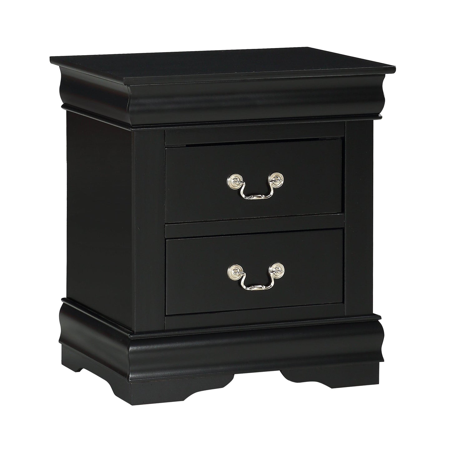 Detail of the classic molding and smooth black finish on the Louis Philippe sleigh bed side rail.