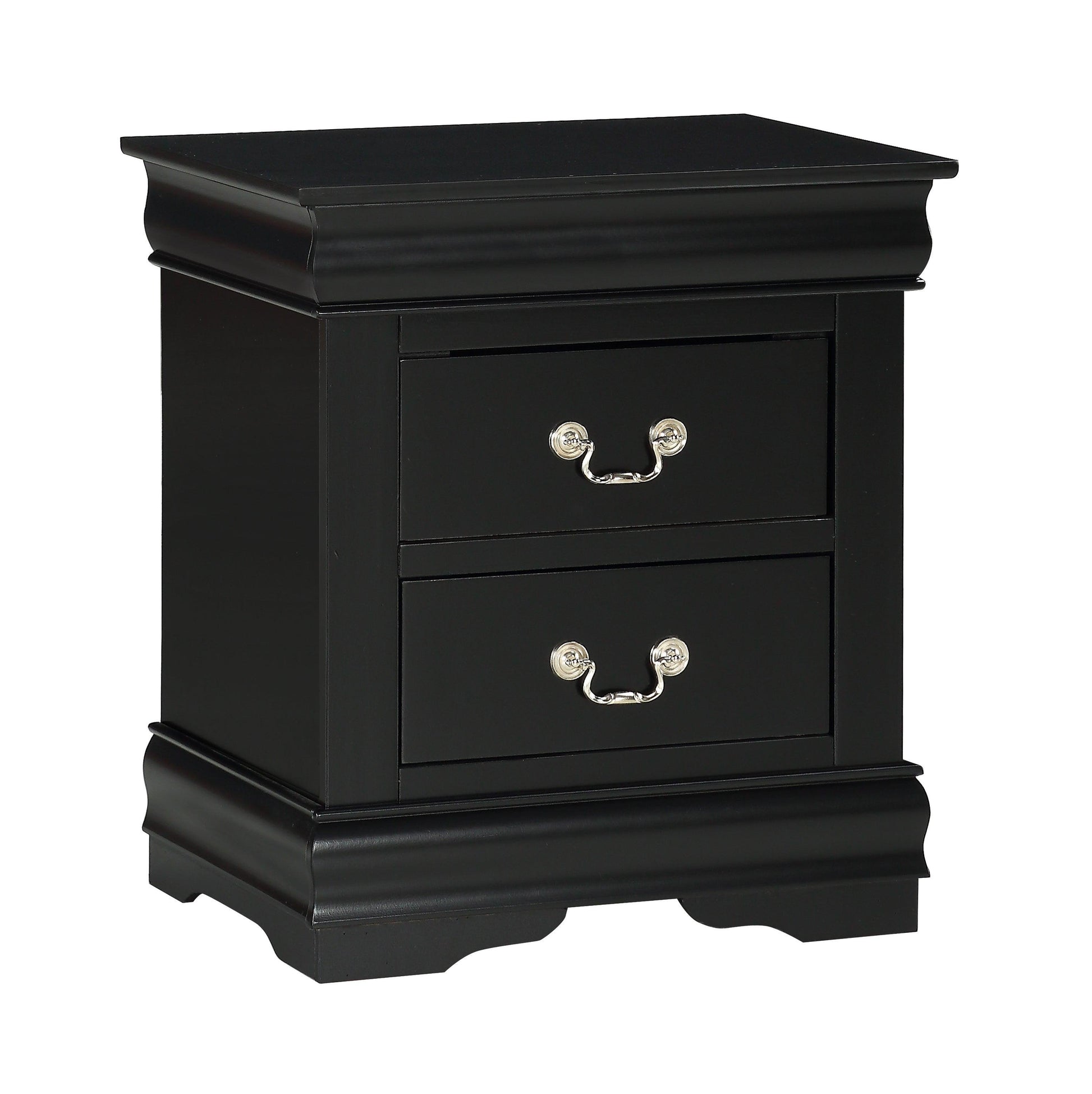 Detail of the classic molding and smooth black finish on the Louis Philippe sleigh bed side rail.