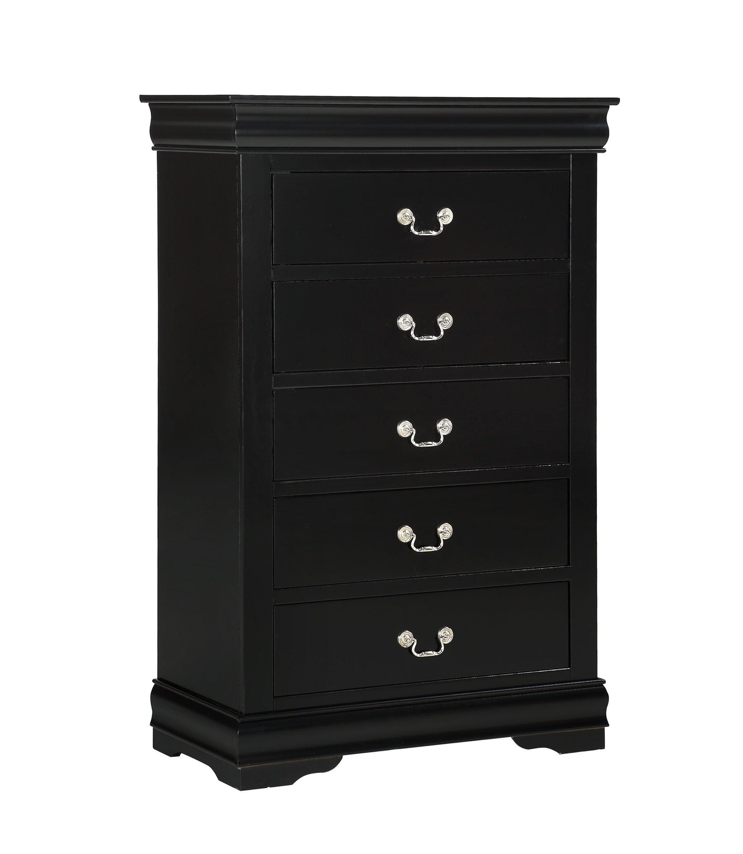 View of the seven drawers on the Louis Philippe black dresser, emphasizing its ample storage capacity.