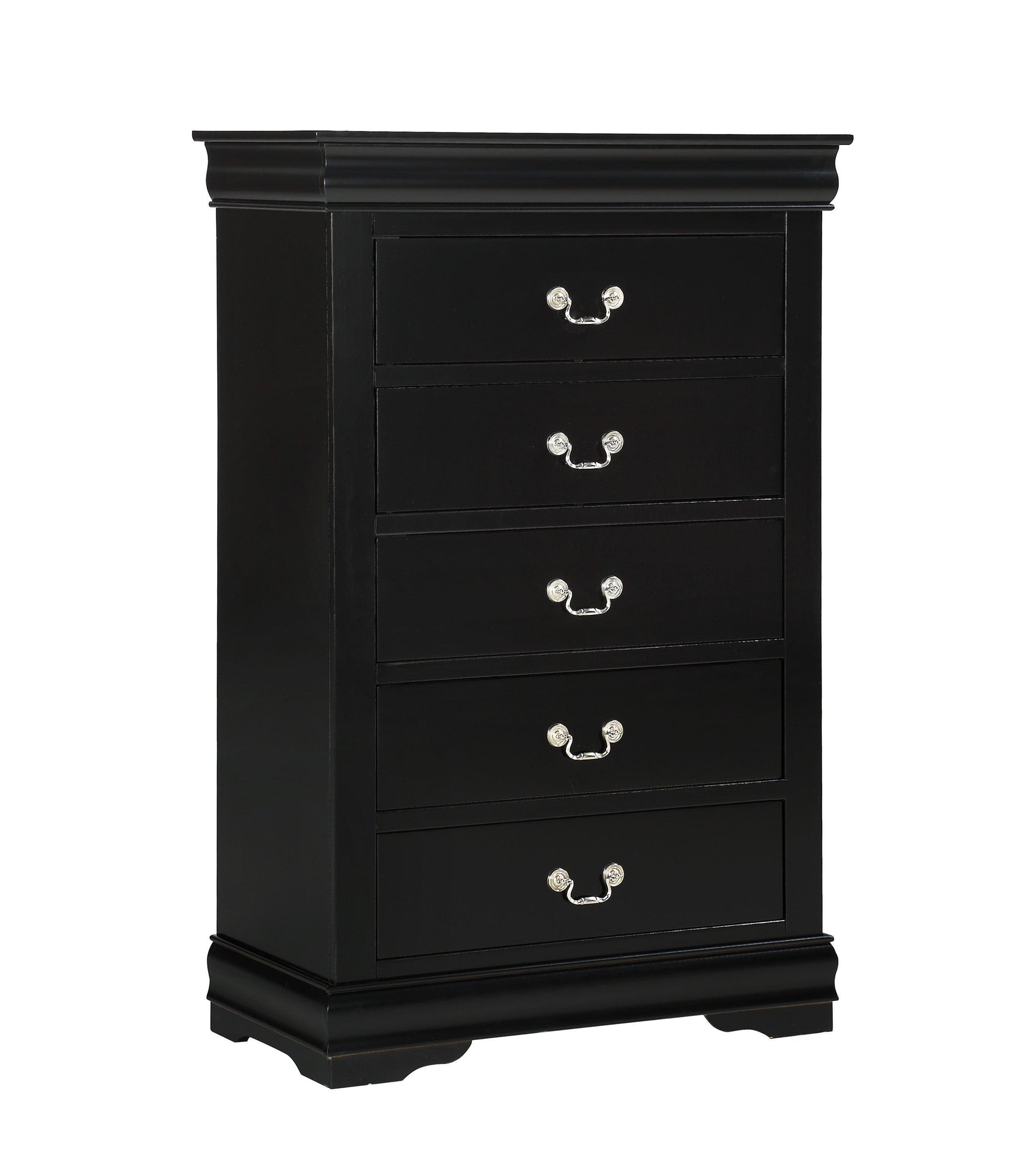 View of the seven drawers on the Louis Philippe black dresser, emphasizing its ample storage capacity.