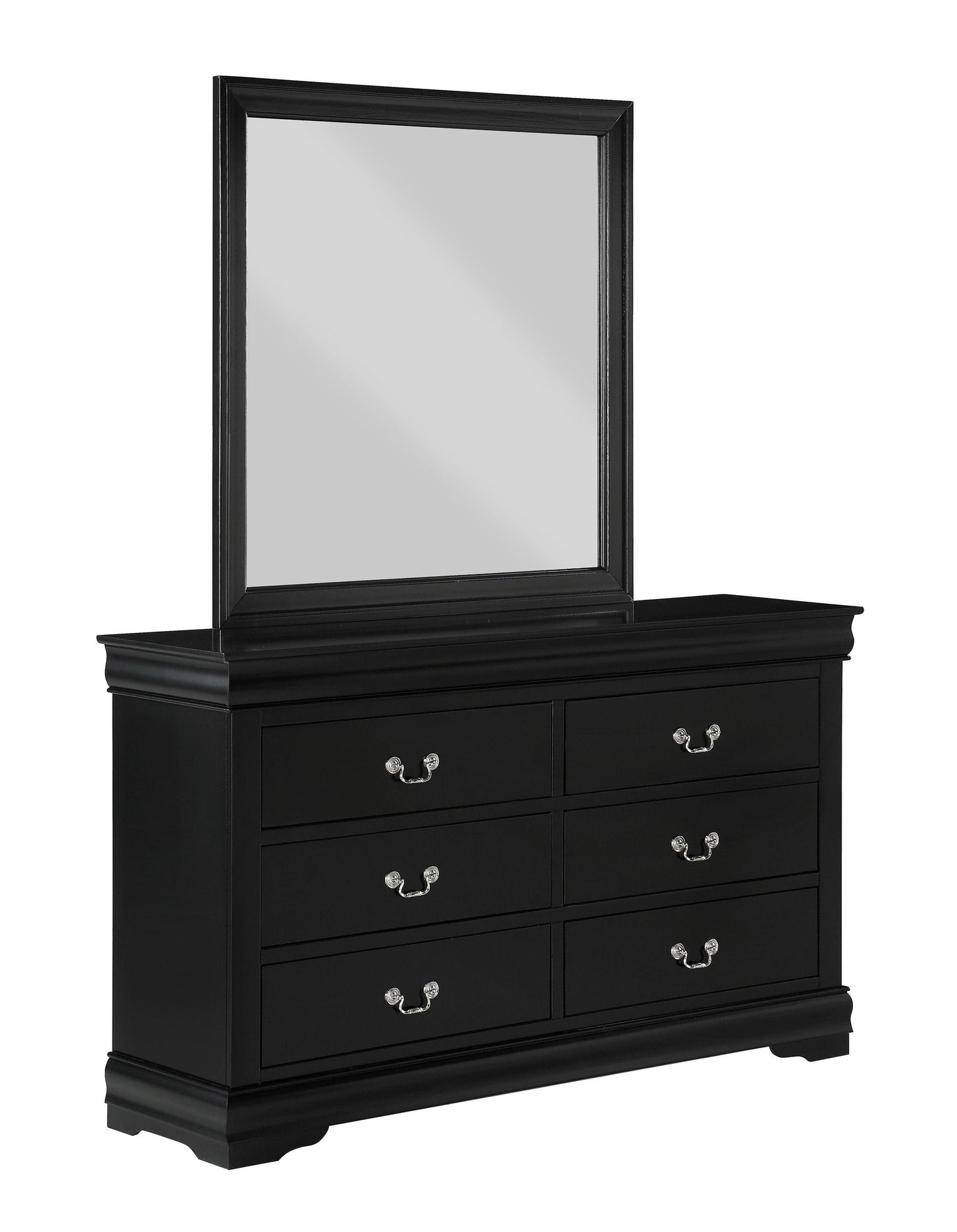Close-up of the Louis Philippe black nightstand with multiple drawers and traditional hardware.