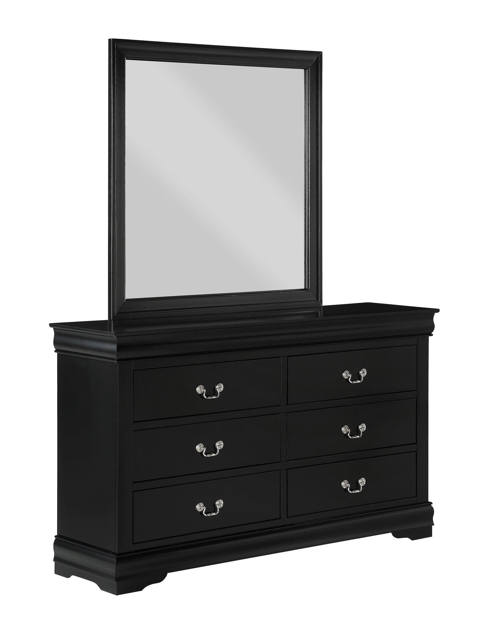 Close-up of the Louis Philippe black nightstand with multiple drawers and traditional hardware.