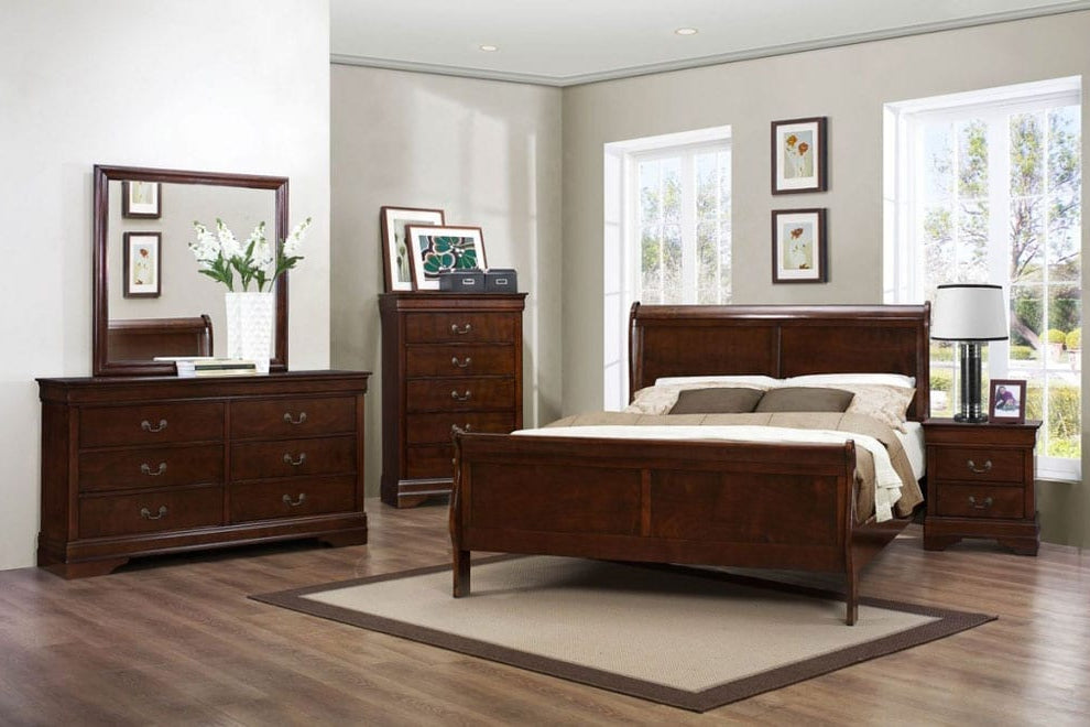 Full view of the Louis Philippe Sleigh Bed Bedroom Set in a rich Dark Cherry finish, showing the curved bed, dresser, and mirror.