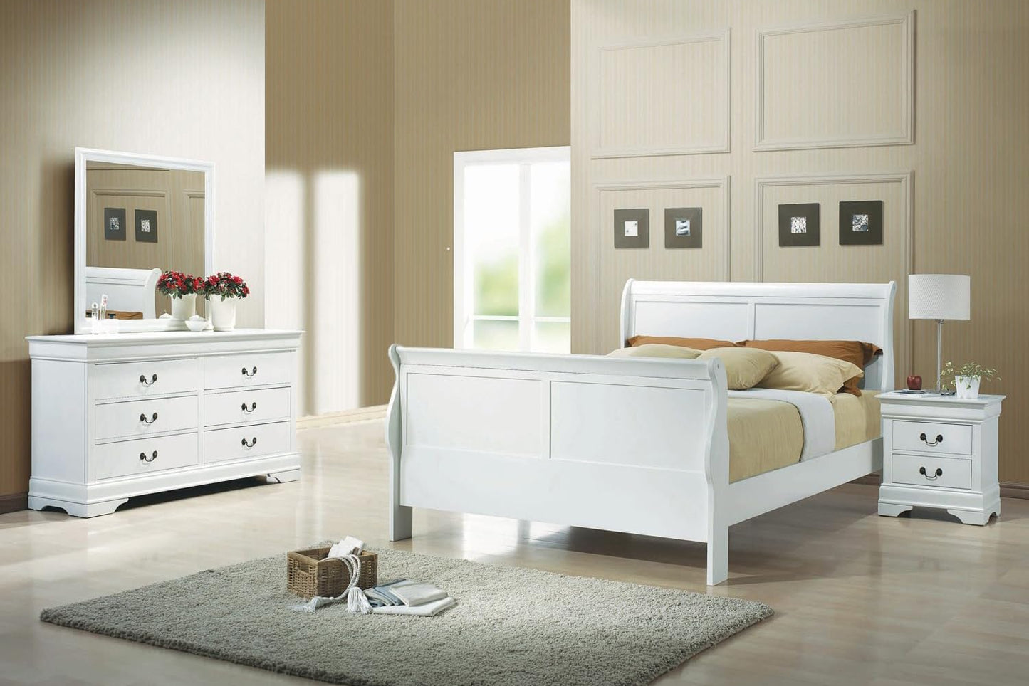 Full view of the Coaster Louis Philippe 4-piece Full Bedroom Set in a soft white finish, featuring the sleigh bed, dresser, mirror, and nightstand.
