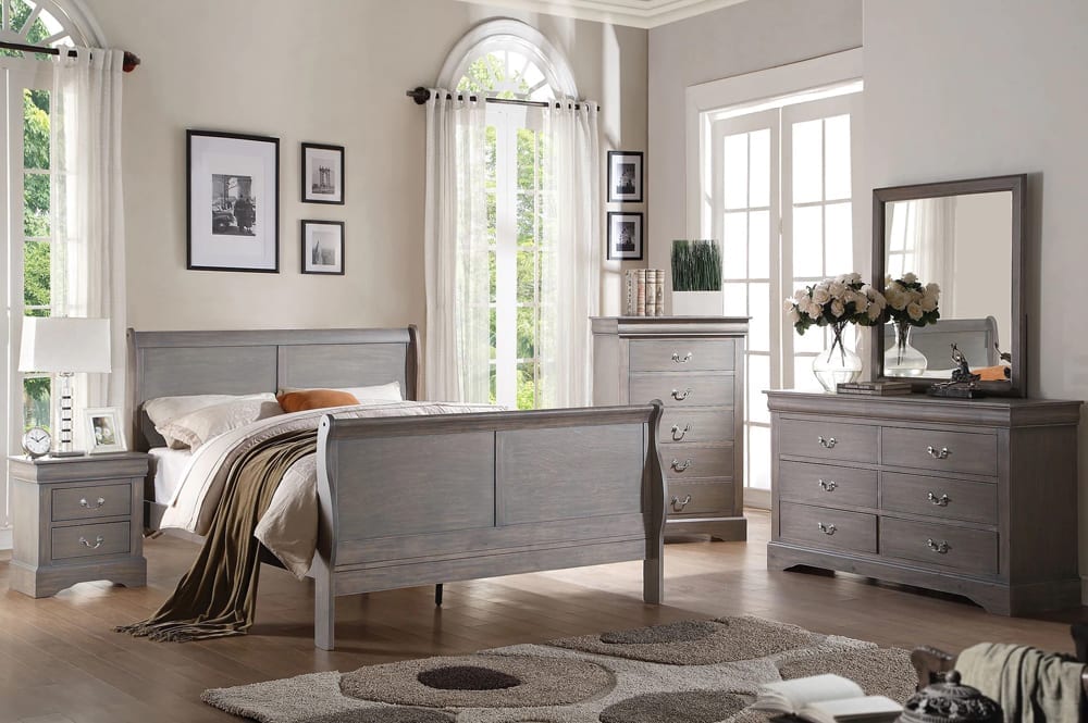 Full view of the Louis Philippe Sleigh Bedroom Set in Solid Wood Grey finish, showing the complete luxury package including bed, dresser, mirror, and chest.