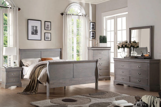 Full view of the Louis Philippe Sleigh Bedroom Set in Solid Wood Grey finish, showing the complete luxury package including bed, dresser, mirror, and chest.