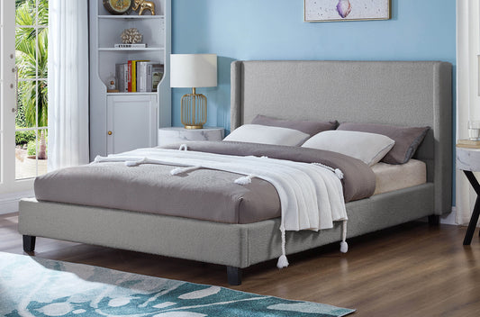 Luxurious boucle fabric platform bed with elegant winged headboard and modern design
