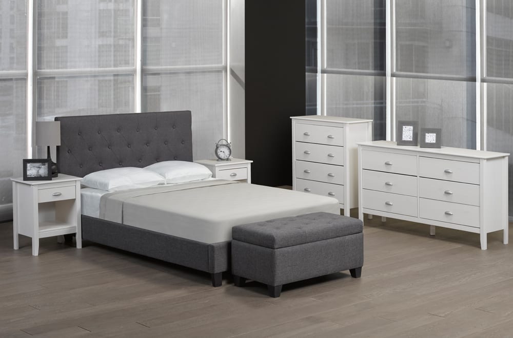Luxurious button-tufted upholstered platform bed with solid wood frame and diamond stitching
