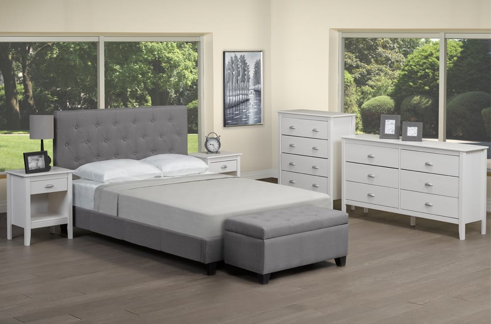 Modern upholstered platform bed with button-tufted headboard and sturdy solid wood construction
