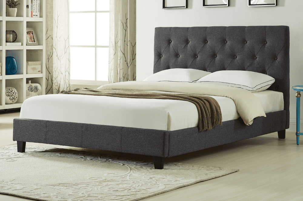 Elegant button-tufted bed frame with diamond-stitched headboard and no box spring design
