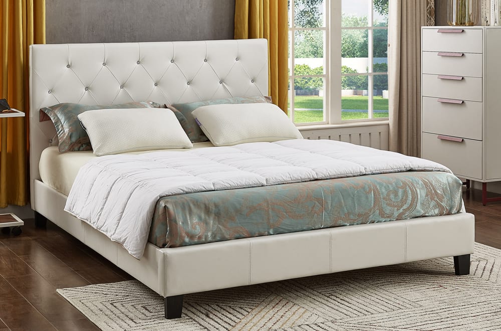 Stylish button-tufted upholstered platform bed with durable solid wood frame and elegant design
