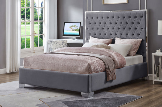 Luxury velvet upholstered platform bed frame with elegant diamond tufting and sleek chrome trim accents.