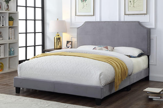 Luxury velvet upholstered bed with scallop-edge headboard and nail-head trim
