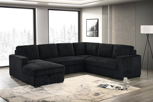 Full view of the Melissa 121-inch Black Fur Corduroy Sectional Sofa, showcasing its immense size, chaise configuration, and sleeper bed function extended.