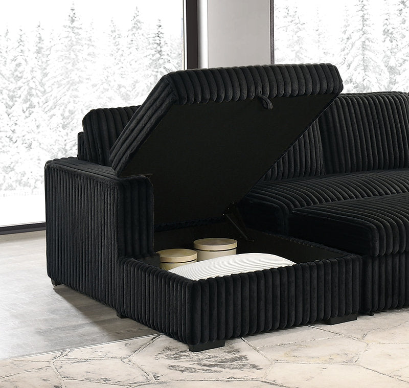Angled view of the Melissa 121-inch Black Sectional Sofa in its standard seating position, emphasizing the deep seating and comfortable chaise.