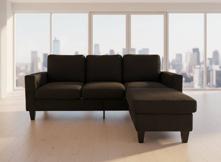 Full view of the Reversible Microfiber Sectional Sofa, showcasing the soft upholstery and the L-shape configuration with the center console revealing cupholders.