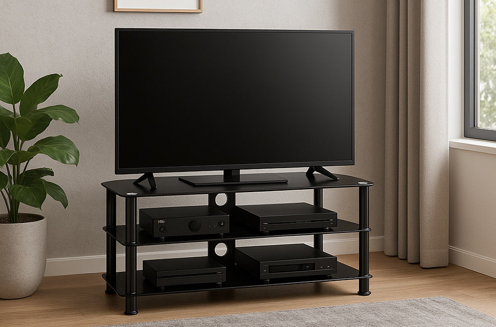 Modern Black Glass TV Stand, Metal Legs, Cable Management