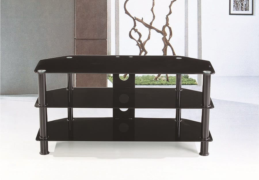 Full view of the Modern Black Glass TV Stand, showcasing the glossy black surface, modern metal support legs, and the overall sleek design.