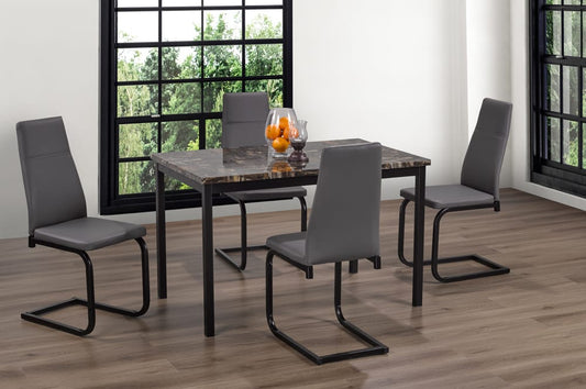 Full view of the Modern Faux Marble 5-Piece Dining Set, showcasing the marble-look table top and four chairs upholstered in bonded leather.