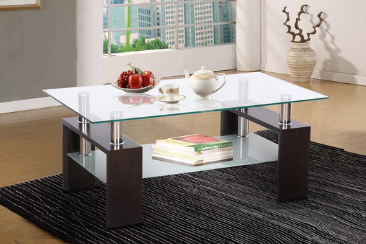 Full view of the Modern Glass Coffee Table, showcasing the clear glass top, the frosted lower shelf, and the reflective chrome support legs.