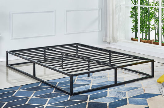 Modern low profile black metal platform bed frame with slat support system
