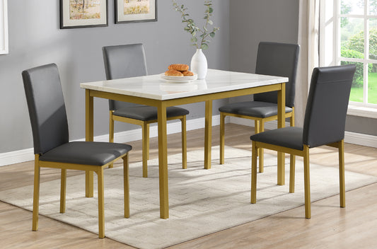 Modern Marble Dining Set with Brushed Gold Legs, Grey Chairs
