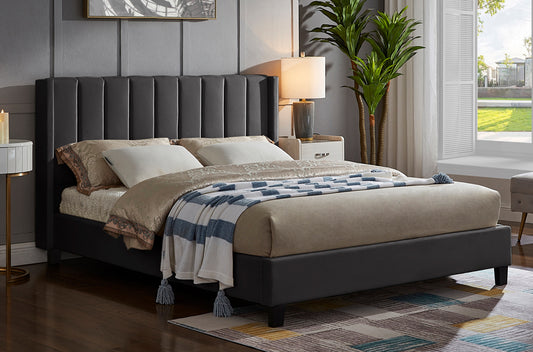 Modern velvet panel tufted platform bed frame with deep tufting and soft velvet upholstery
