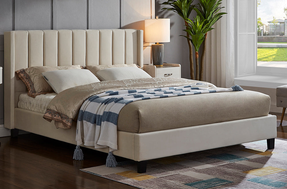 Elegant modern platform bed with plush velvet fabric, deep tufting, and no box spring design
