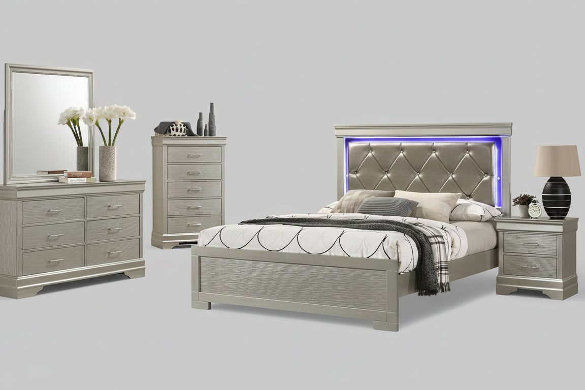 Full view of the Molly Champagne Wood Bedroom Set, featuring the elegant bed, matching dresser, and mirror in the light champagne finish.