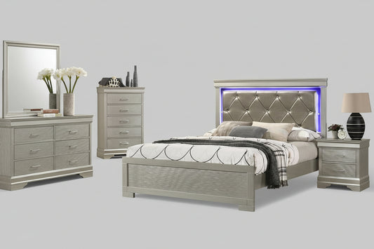 Full view of the Molly Champagne Wood Bedroom Set, featuring the elegant bed, matching dresser, and mirror in the light champagne finish.