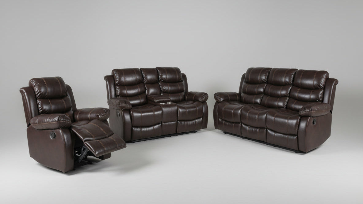 Full view of the Monoco Brown Leather Manual Recliner 3-Piece Set, showing the fully matched sofa, loveseat, and chair with integrated headrests.