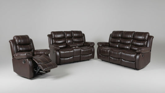 Full view of the Monoco Brown Leather Manual Recliner 3-Piece Set, showing the fully matched sofa, loveseat, and chair with integrated headrests.