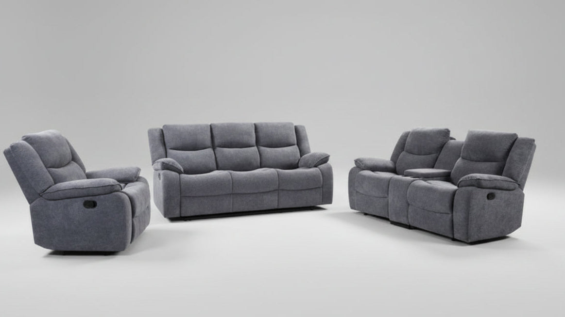 Full view of the Monoco Grey Fabric Manual Recliner 3-Piece Set, showing the sofa, loveseat, and chair emphasizing the supportive padded backs.