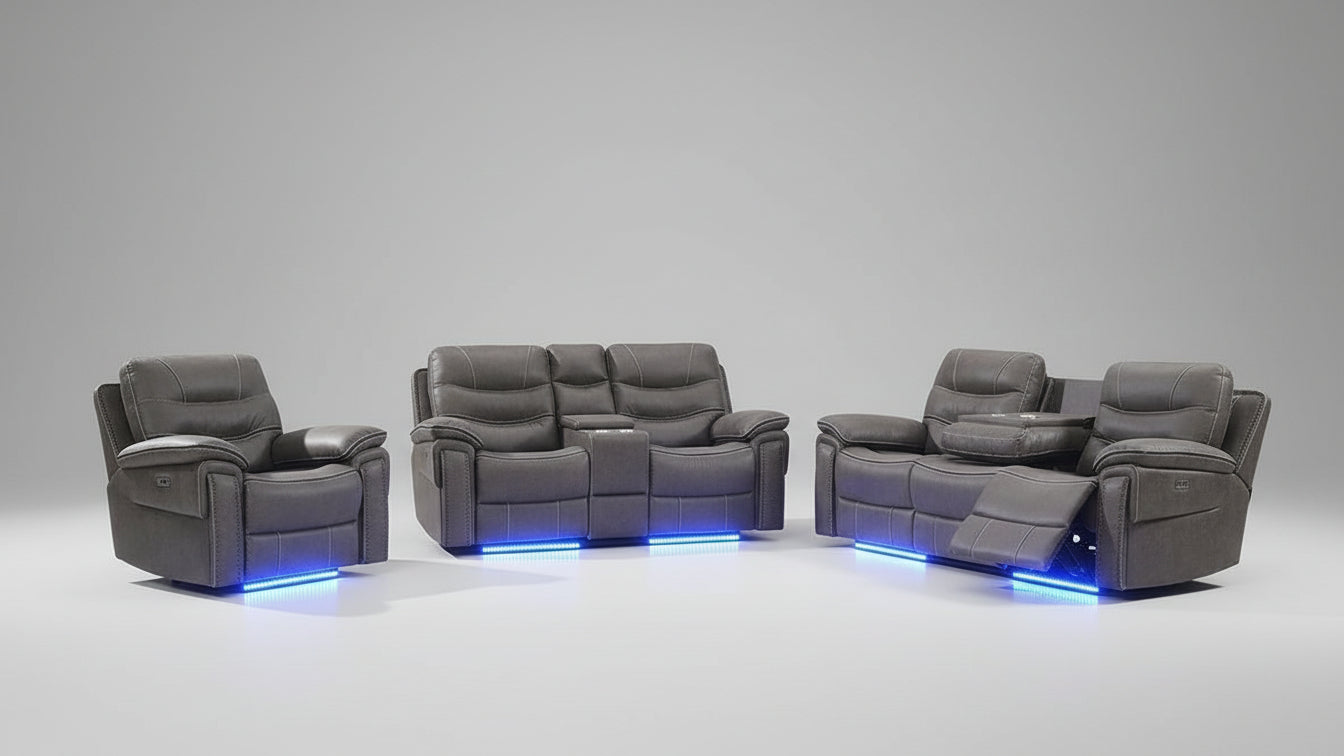 Full view of the Morgan Grey Leather Power Recliner 3-Piece Set, showcasing the sofa, loveseat, and chair arranged together.