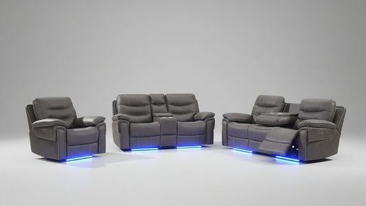 Full view of the Morgan Grey Leather Power Recliner 3-Piece Set, showcasing the sofa, loveseat, and chair arranged together.