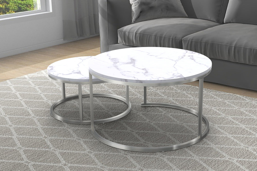 View of the Nesting Coffee Table Set with both tables fully separated, emphasizing the flexibility and versatility of the two round tables in a living space.