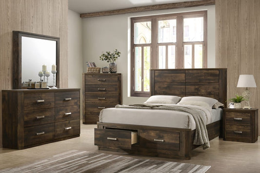 Full view of the Olivia Deep Walnut Bedroom Set, showing the platform storage bed, dresser, and mirror in a modern style.