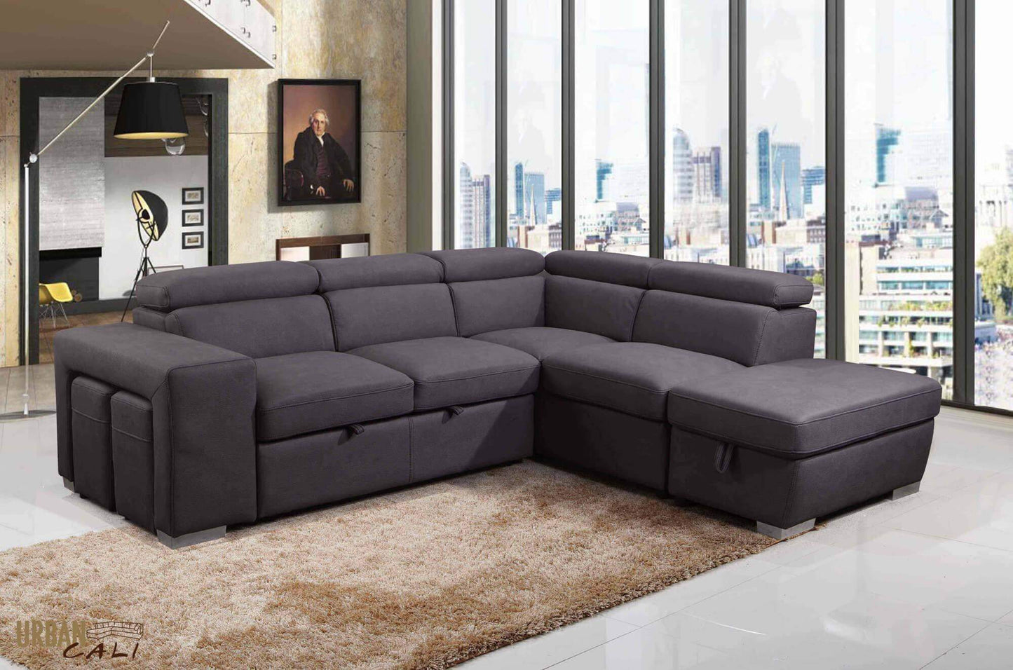 Angled view of the Pasadena Sectional Sofa with the pull-out sleeper bed fully extended, highlighting the comfortable surface.