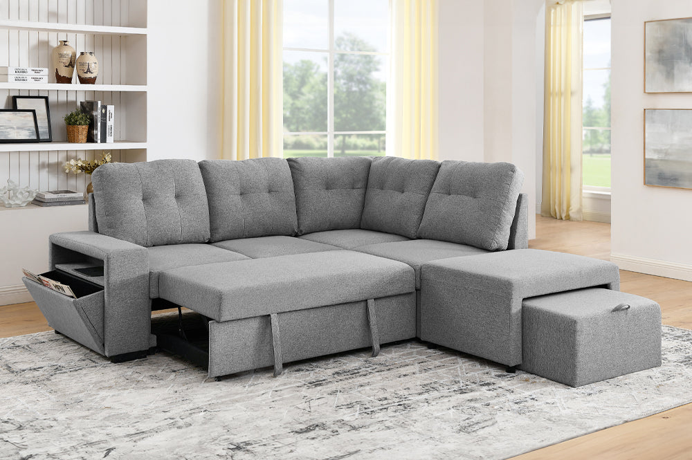 Full view of the Paula Grey Chenille Reversible Sectional Sofa Bed, highlighting the soft texture, storage, and sleeper function.