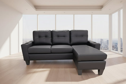 Full view of the Reversible PU Leather Sectional Sofa, showcasing the smooth faux leather texture and the L-shape configuration with center backrest cupholders.