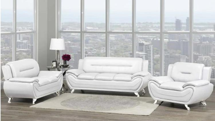 Full view of the Randy White Faux Leather 3-Piece Set, showcasing the bright, matching sofa, loveseat, and chair arranged together.