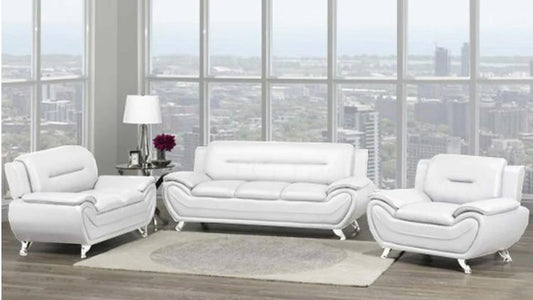 Full view of the Randy White Faux Leather 3-Piece Set, showcasing the bright, matching sofa, loveseat, and chair arranged together.