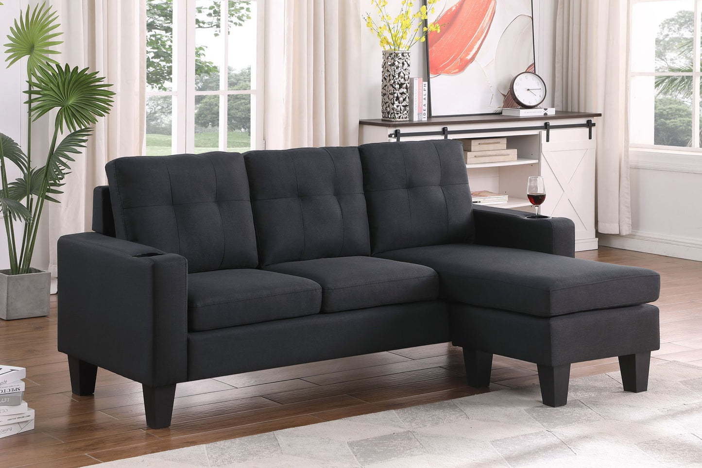 Full view of the Reversible Black Linen Fabric Sectional Sofa, showcasing the deep black color, soft back cushions, and the L-shape configuration.