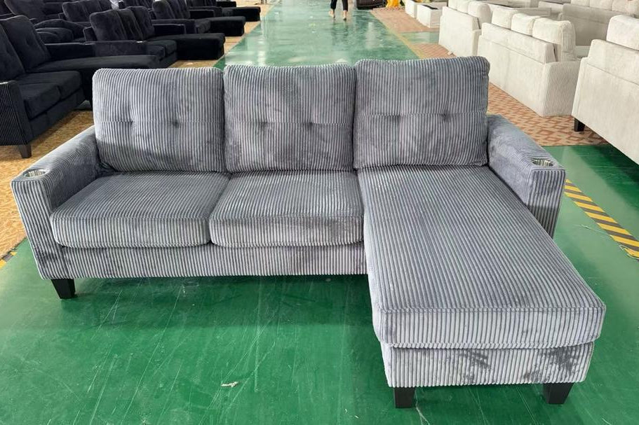 Reversible Corduroy 3-Seater Sectional Sofa with Chaise and Cupholders