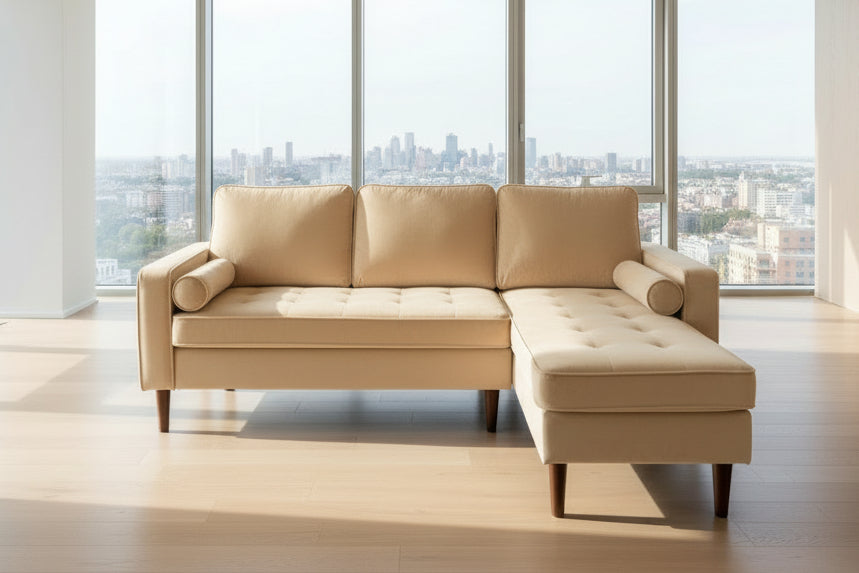 Reversible Right-Hand Velvet Fabric Sectional Sofa Cream Chaise