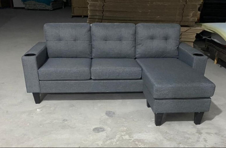 Reversible Grey Linen Fabric Sectional Sofa with Chaise, Cup Holders