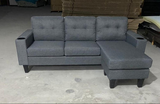 Reversible Grey Linen Fabric Sectional Sofa with Chaise, Cup Holders