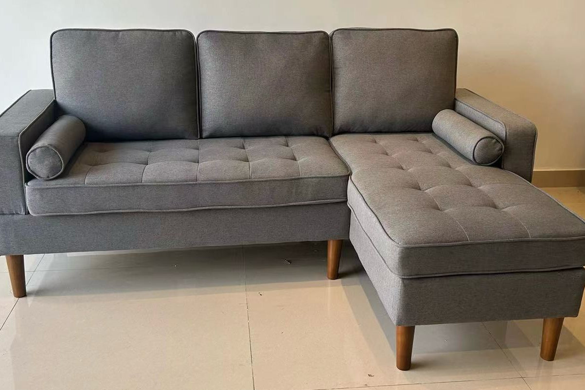 Full view of the Reversible Grey Linen Fabric Sectional Sofa, showcasing the neutral color and the L-shape configuration with the chaise on the right-hand side (RHF).