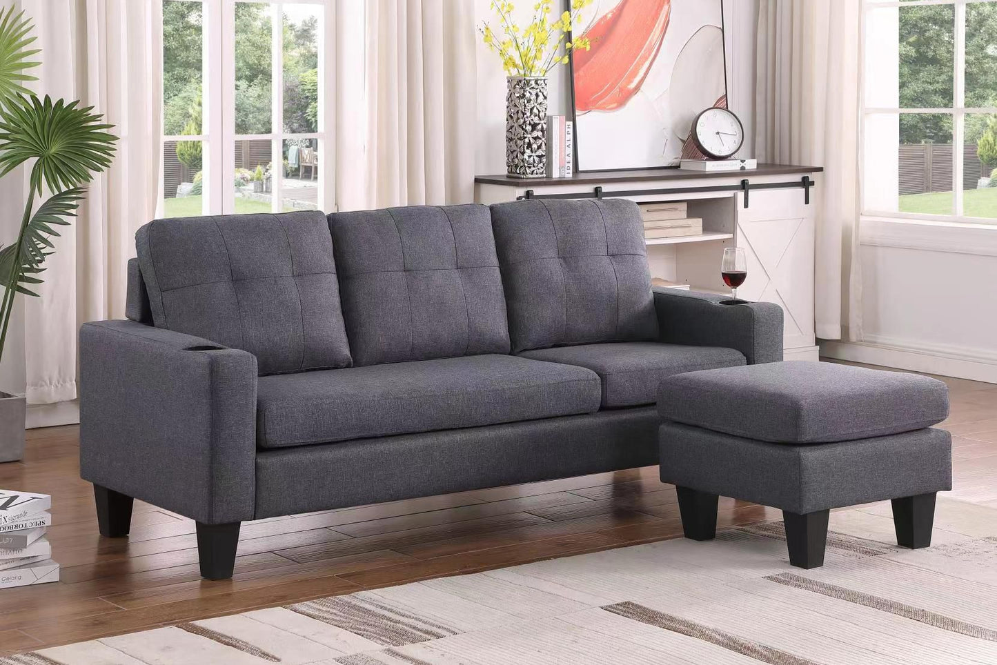 Full view of the Reversible Grey Linen Fabric Sectional Sofa, showcasing the large L-shape configuration and the inviting, plush, soft cushions.