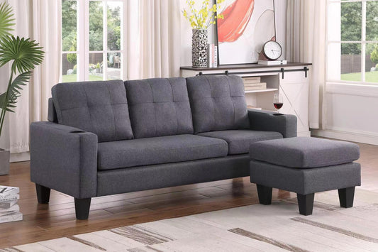 Full view of the Reversible Grey Linen Fabric Sectional Sofa, showcasing the large L-shape configuration and the inviting, plush, soft cushions.